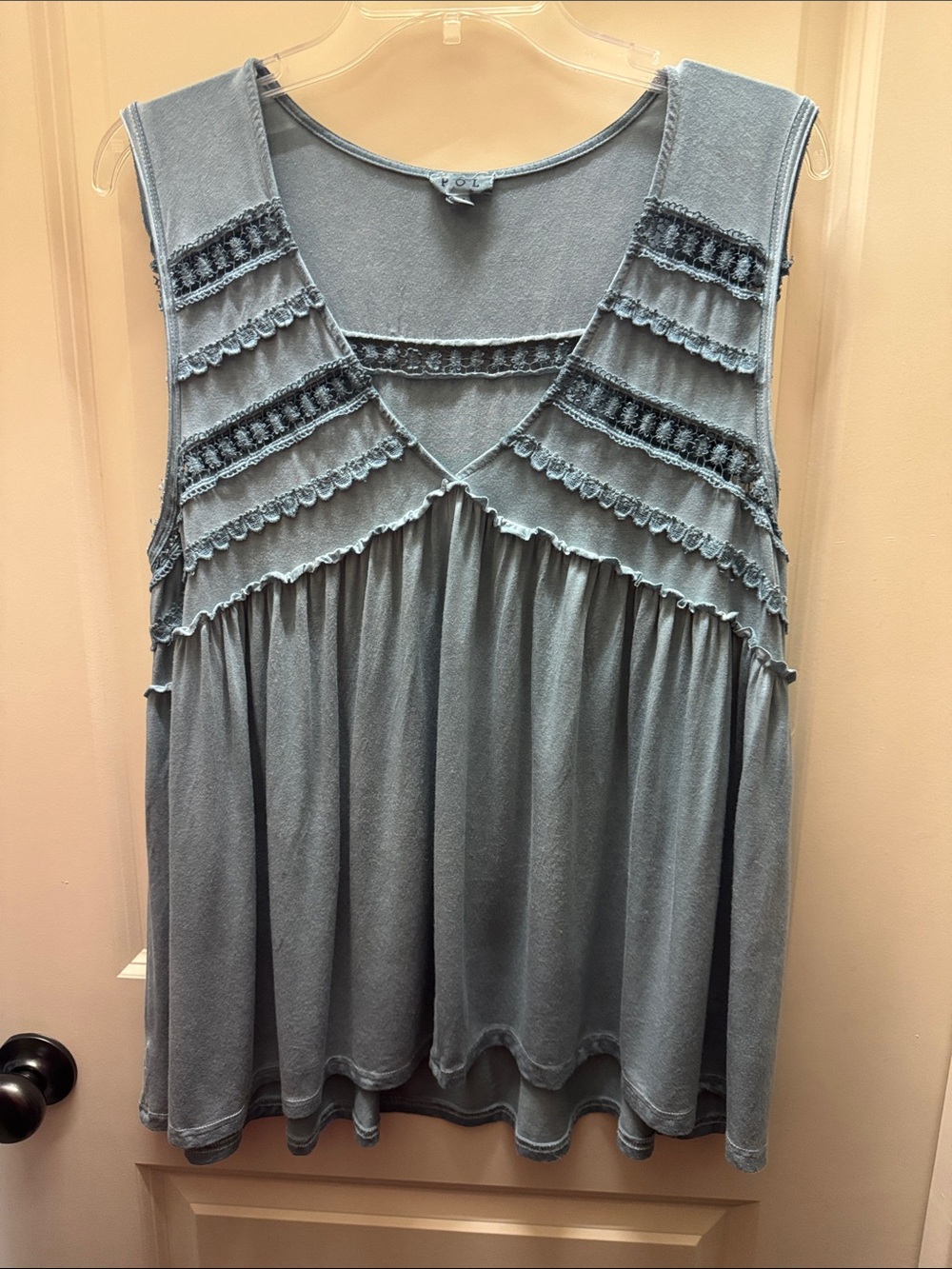 POL Blue Crochet-Trim Sleeveless V-Neck Tank